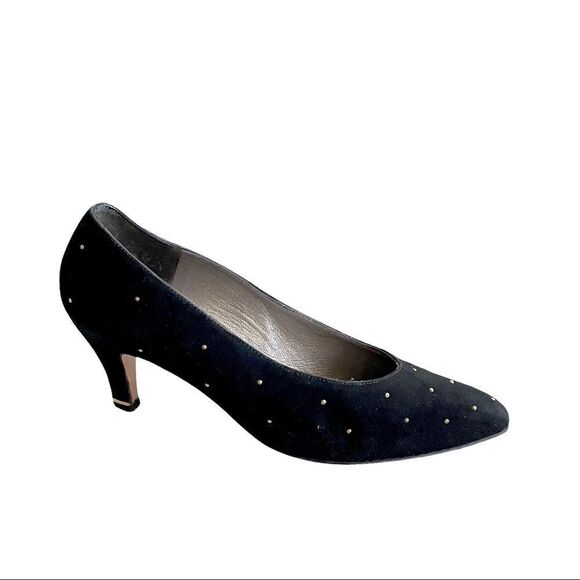 THOMAS WALLACE Vintage Suede Pointy Toe Pumps Heels Stud Detail Black 9 - Picture 4 of 15
